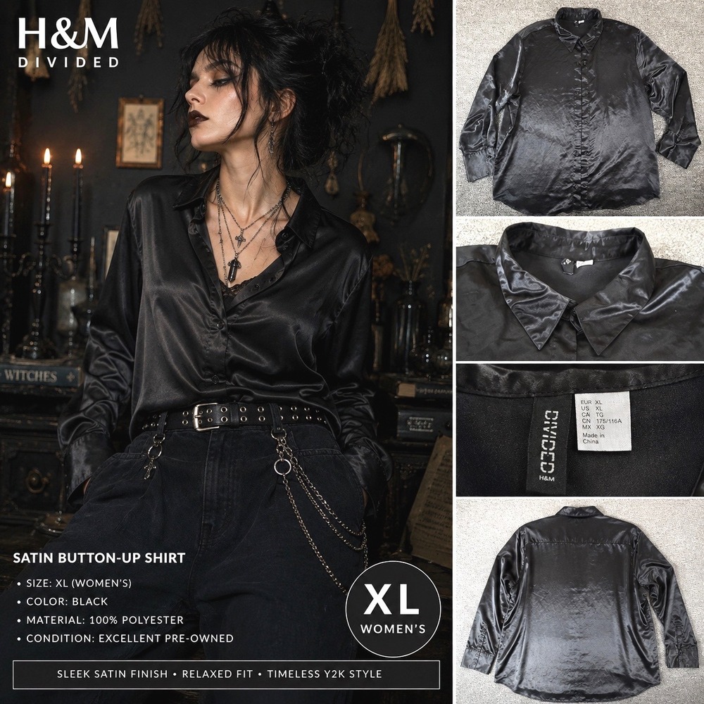 H&M Divided Black Satin Button Up Shirt XL Womens Long Sleeve Y2K Blouse Relaxed